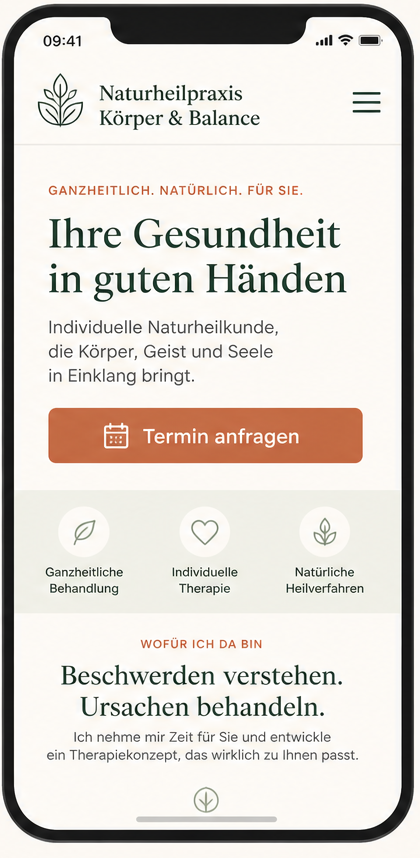Nachher: Optimierte Praxis-Website auf dem Handy – ruhig, große Schrift, klarer Kontakt-Button.